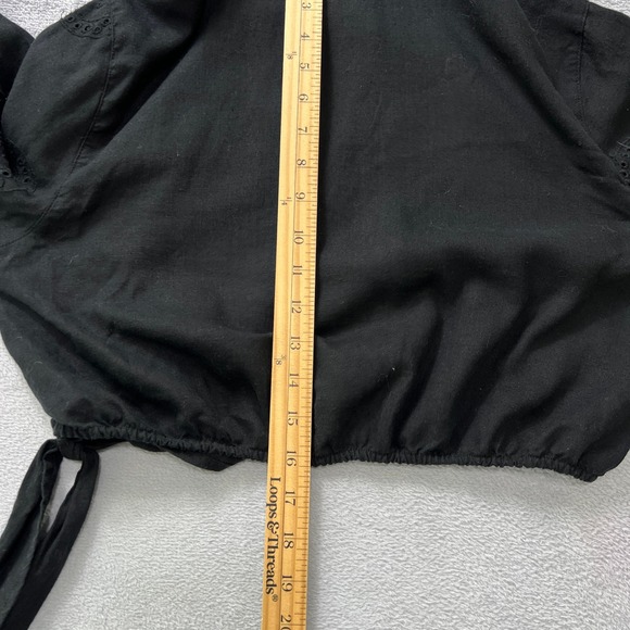 RACHEL ZOE Black Linen Blend Eyelet Wrap Cropped Long Sleeve Shirt Top Womens L - Picture 7 of 8